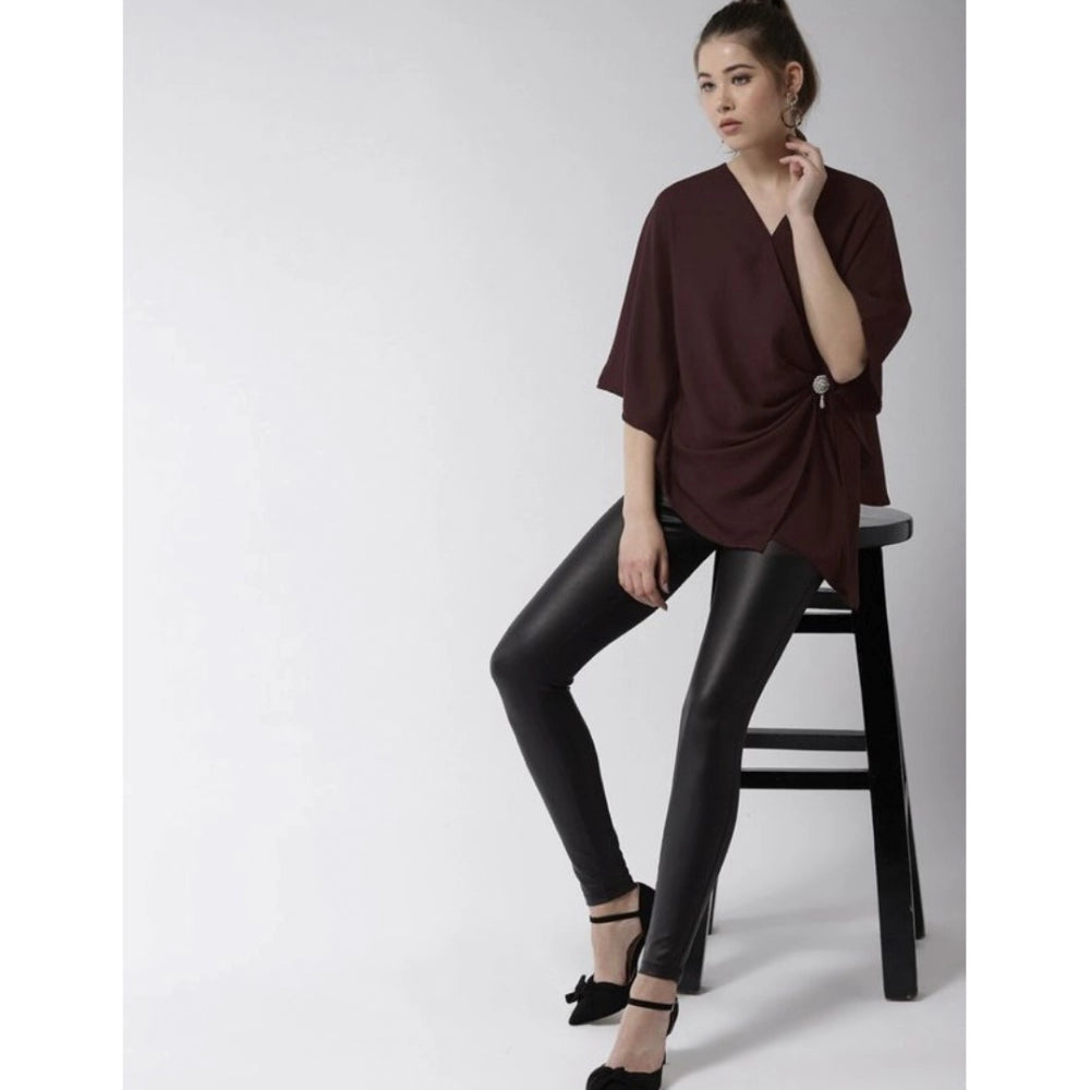 Women'S Polyester Solid Cape Sleeve Top (Maroon)