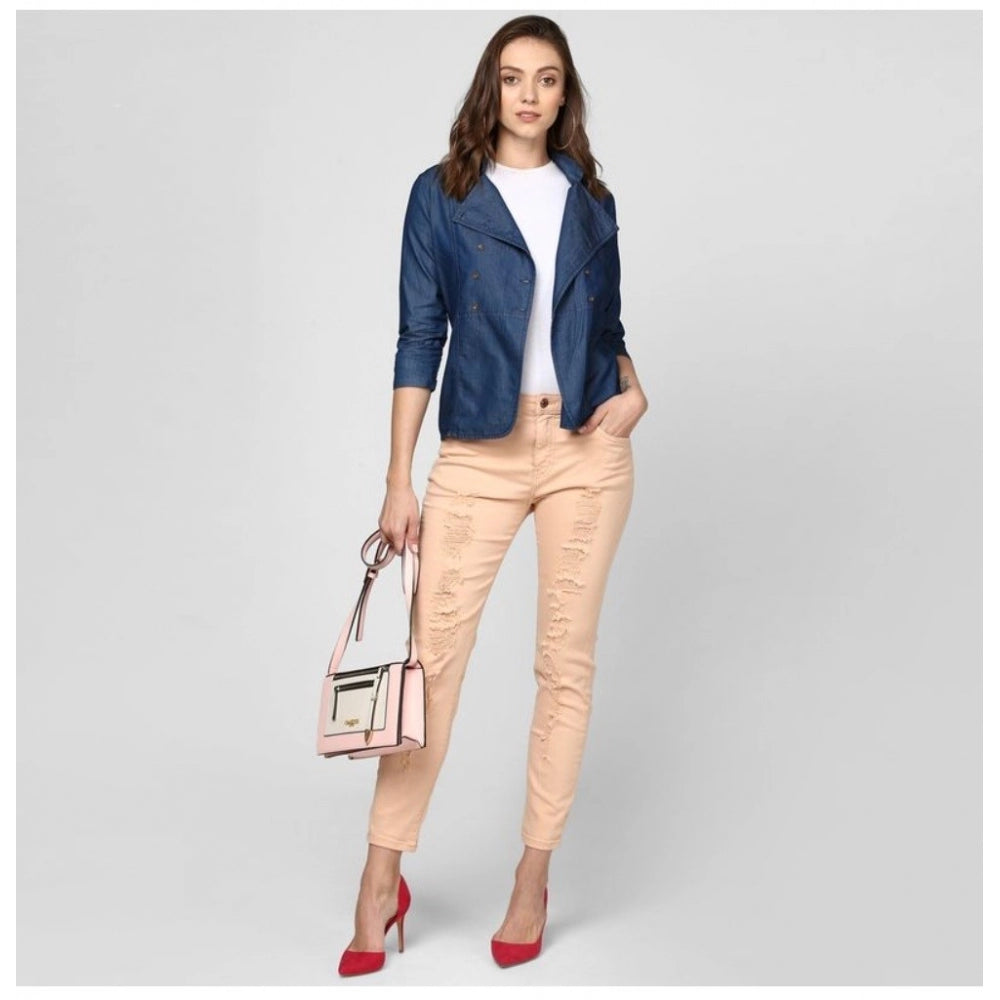 Women'S Denim Solid 3-4Th Sleeves Top (Blue)
