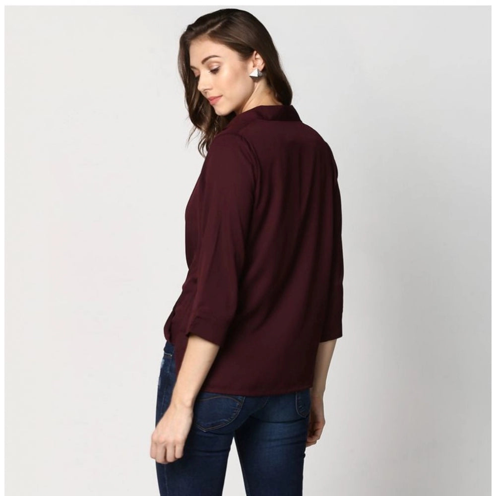 Women'S Polyester Solid 3-4Th Sleeves Top (Maroon)