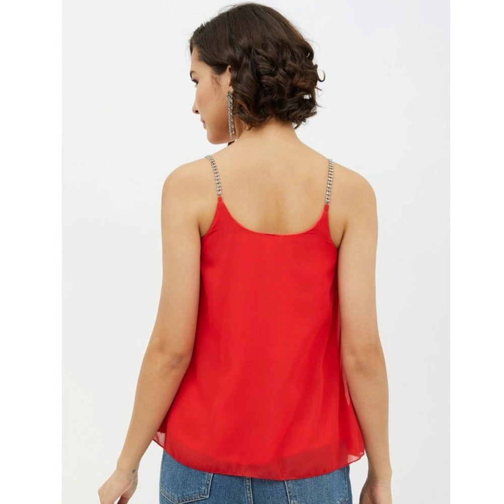 Women'S Polyester Embellished Shoulder Straps Top (Red)