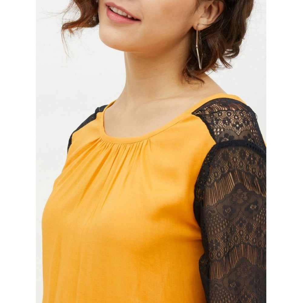 Women'S Rayon Lace Inserts Long Sleeves Top (Yellow)
