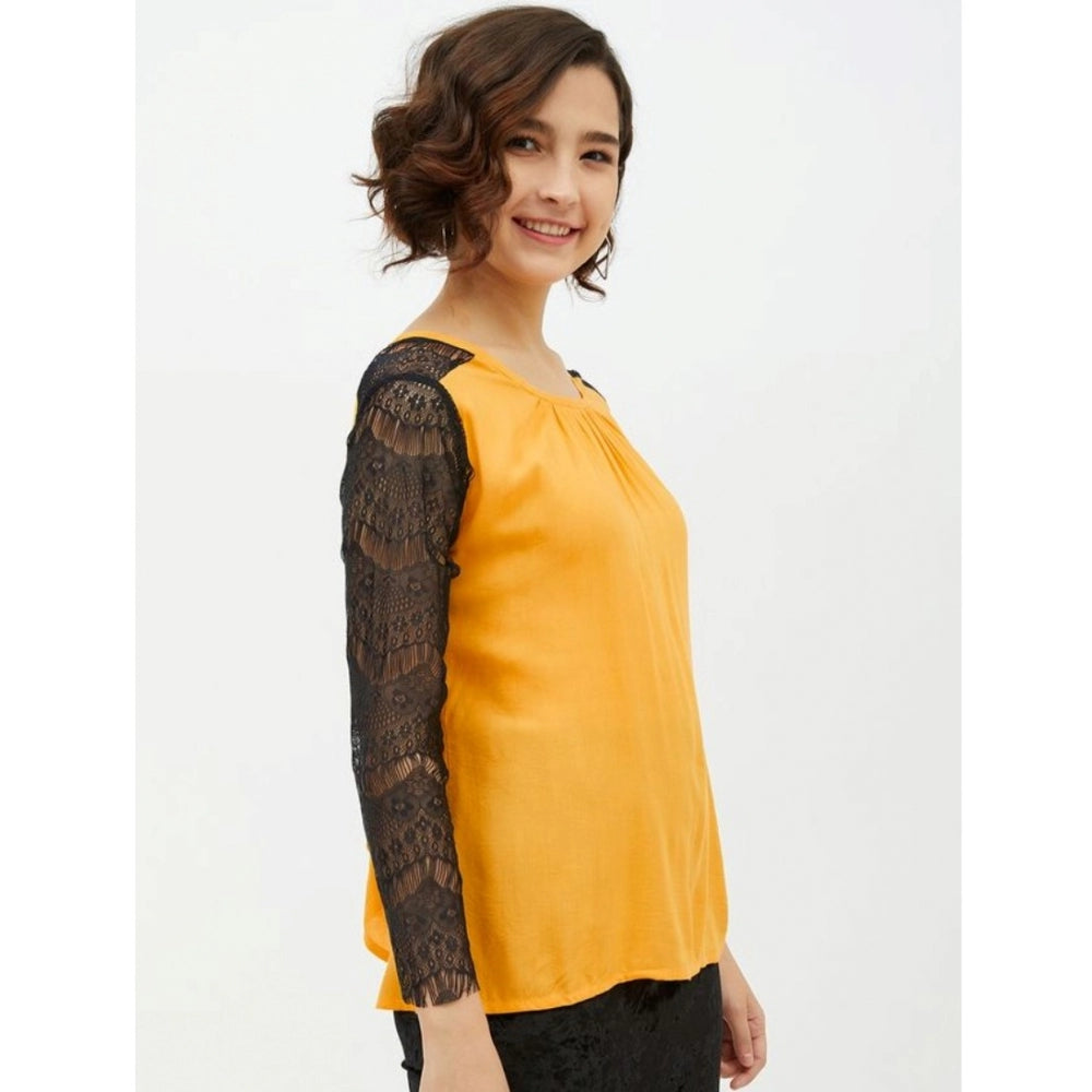 Women'S Rayon Lace Inserts Long Sleeves Top (Yellow)