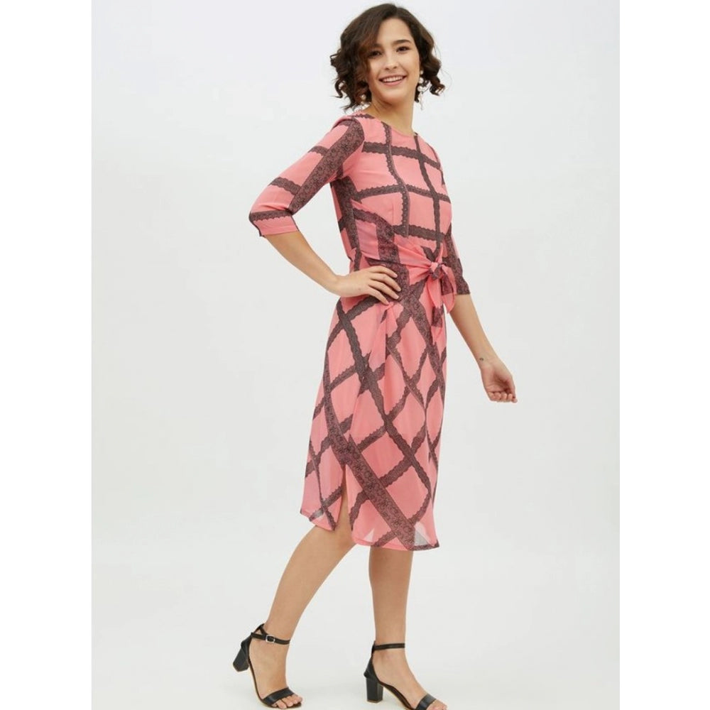 Women'S Polyester Checkered 3-4Th Sleeves Below Knee Dress (Pi
