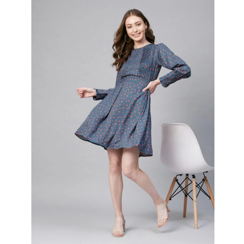 Women'S Polyester Polka Long Sleeves Above Knee Dress (Grey