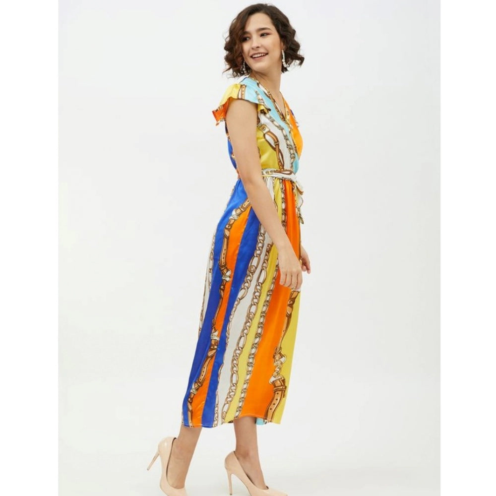 Women'S Satin Chain Print Cap Sleeve Calf-Length Dress (Multic