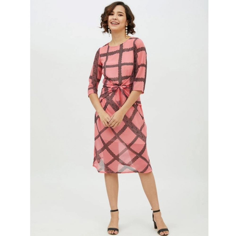 Women'S Polyester Checkered 3-4Th Sleeves Below Knee Dress (Pi