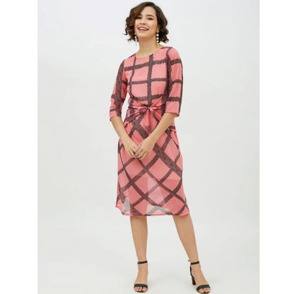 Women's Polyester Checkered 3-4th Sleeves Below Knee Dress (Pink)