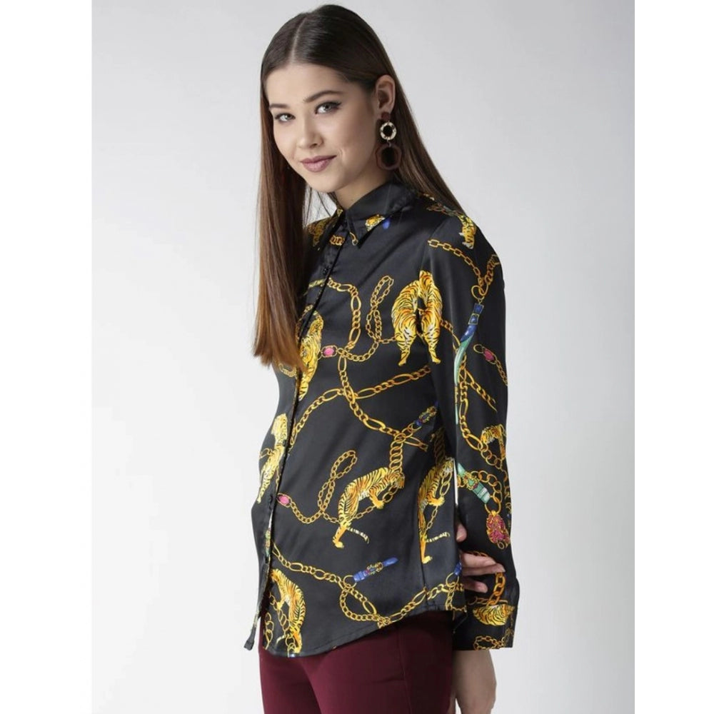 Women'S Satin Printed Long Sleeves Standard Length Shirt (Blac