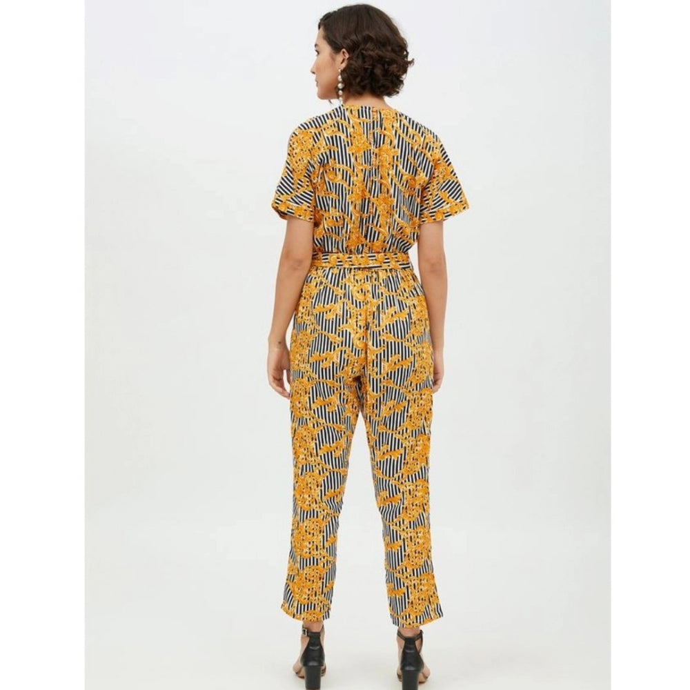 Women'S Polyester Printed Half Sleeve Long Jumpsuit (Yellow)