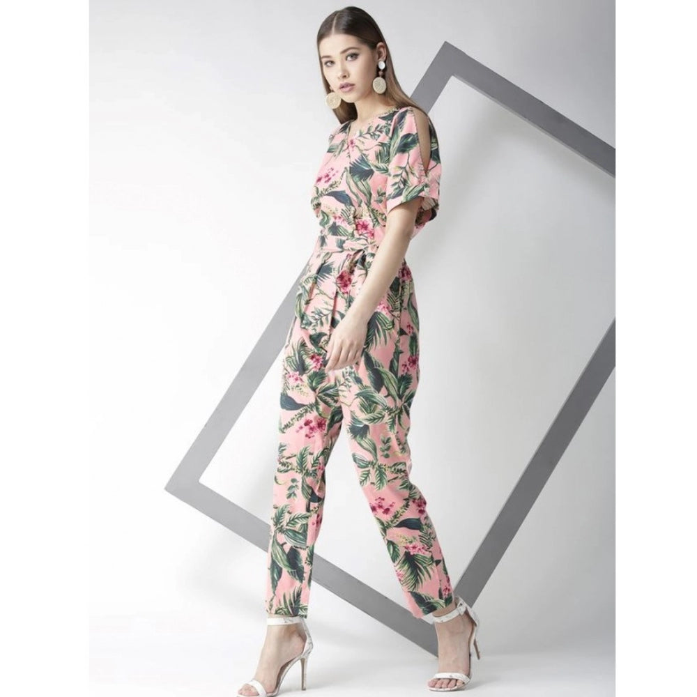 Women'S Polyester Floral Half Sleeve Jumpsuit (Pink)