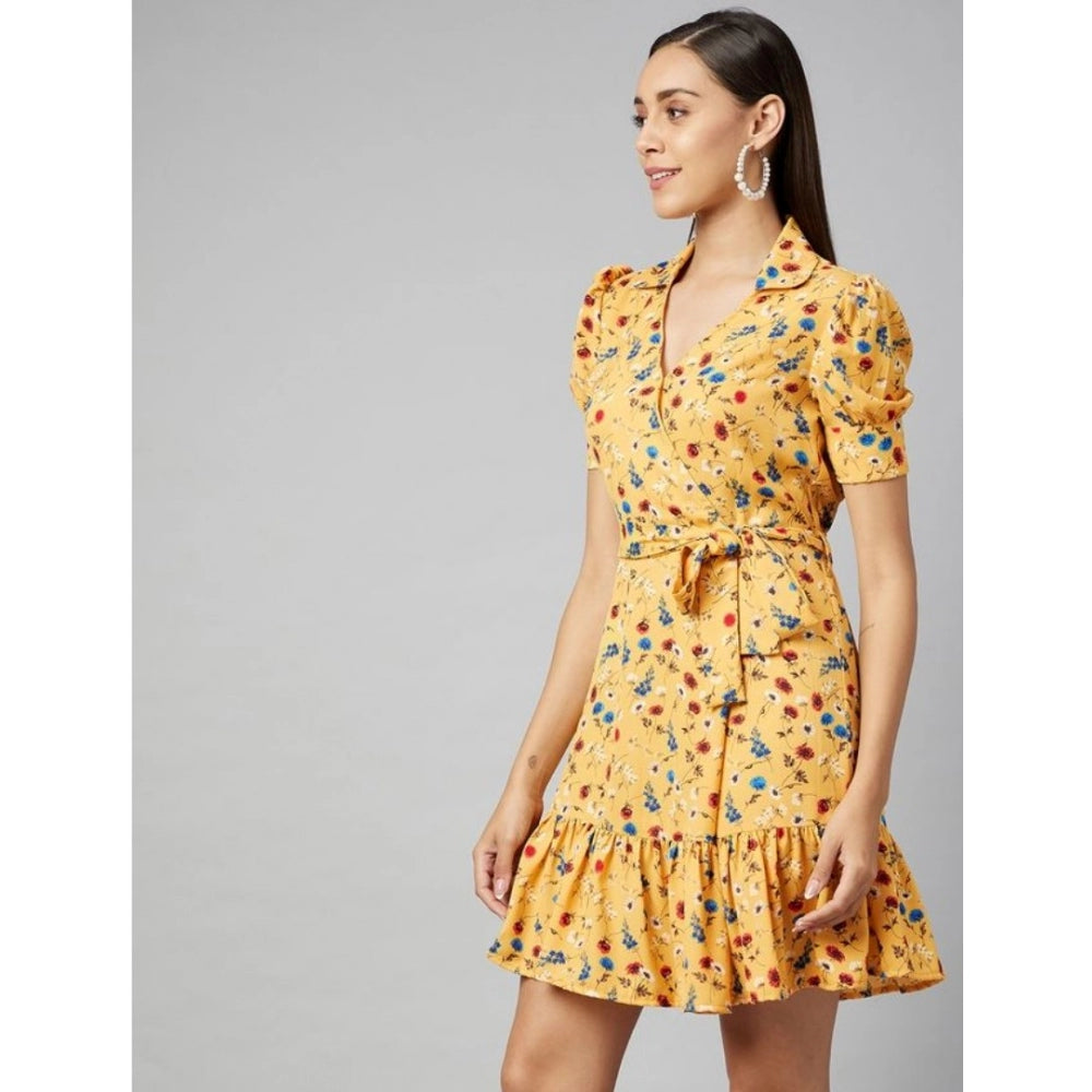 Women'S Polyester Floral Short Sleeve Above Knee Dress (Yellow