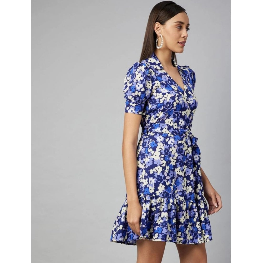 Women'S Polyester Floral Short Sleeve Above Knee Dress (Blue