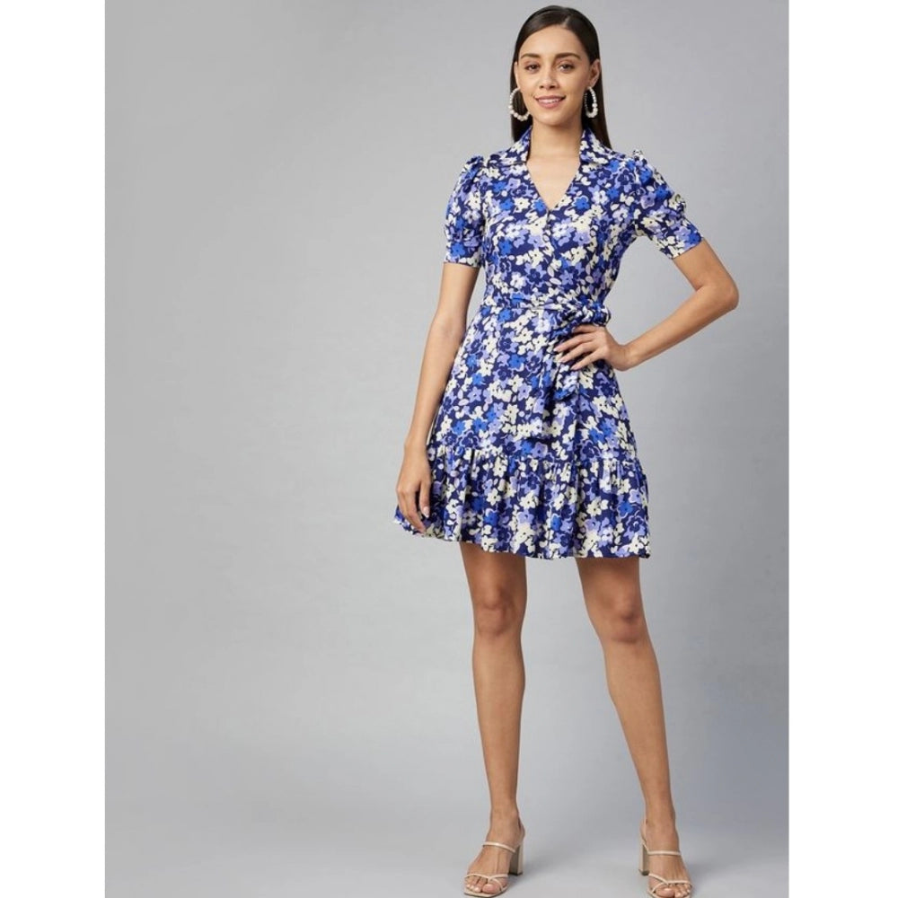 Women'S Polyester Floral Short Sleeve Above Knee Dress (Blue