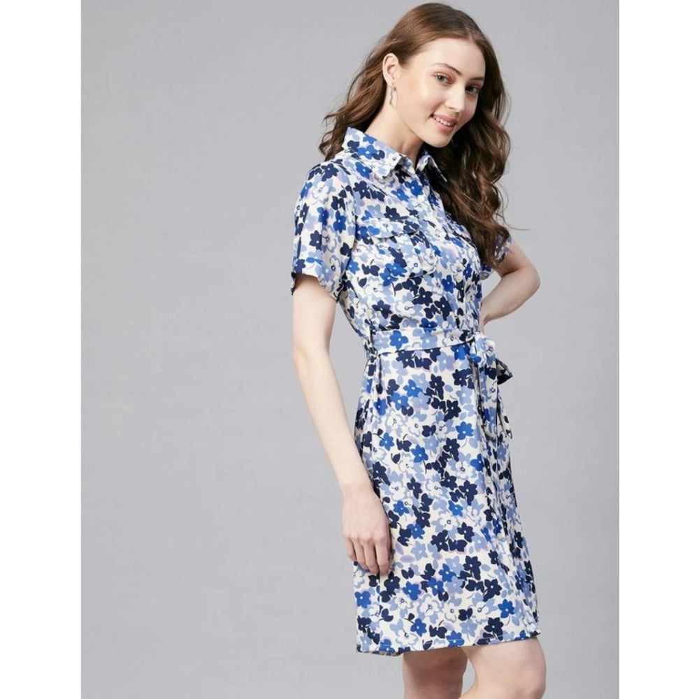 Women'S Polyester Floral Short Sleeve Above Knee Dress (Blue
