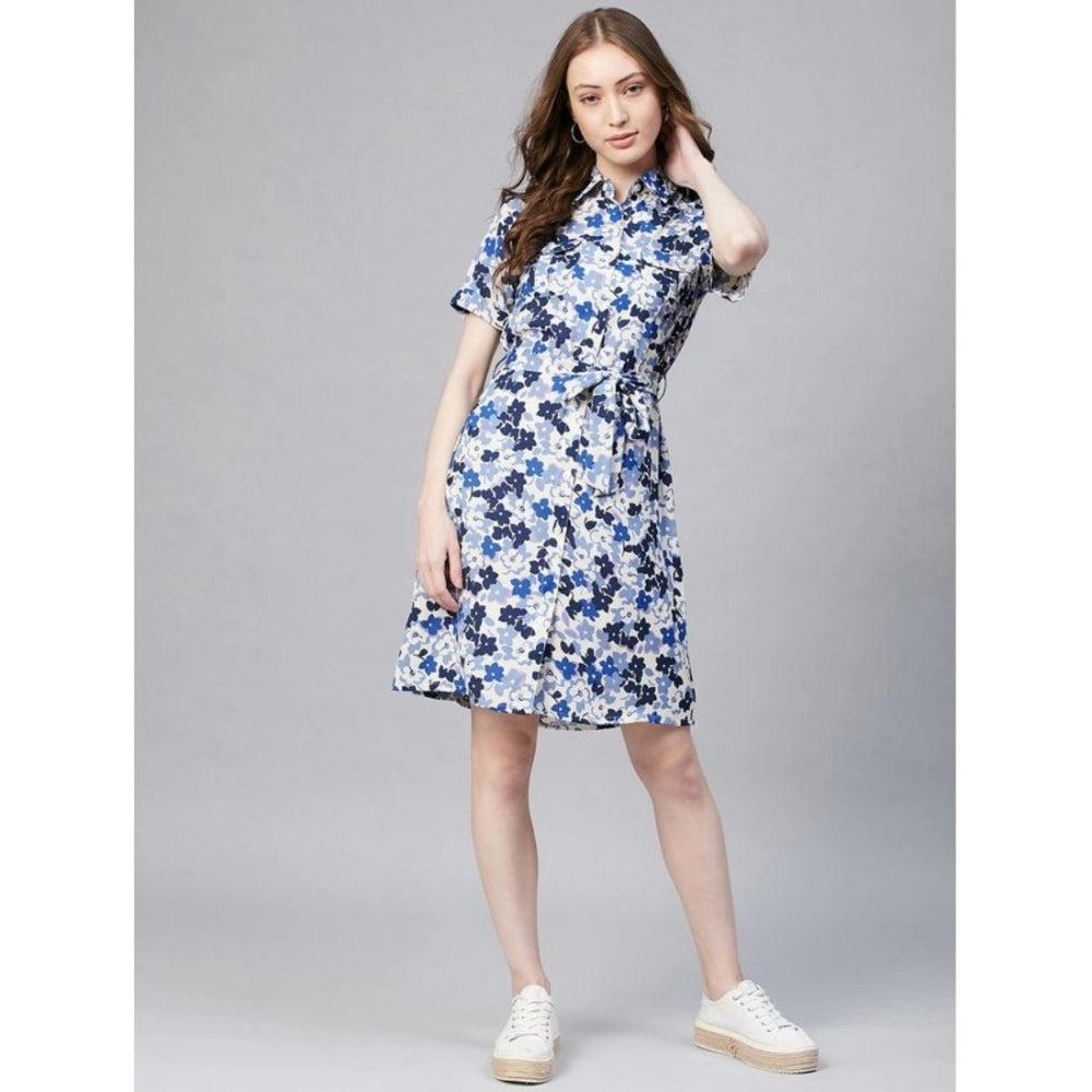 Women'S Polyester Floral Short Sleeve Above Knee Dress (Blue
