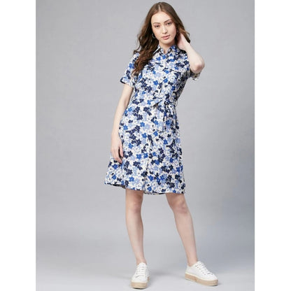 Women's Polyester Floral Short Sleeve Above Knee Dress (Blue - White)