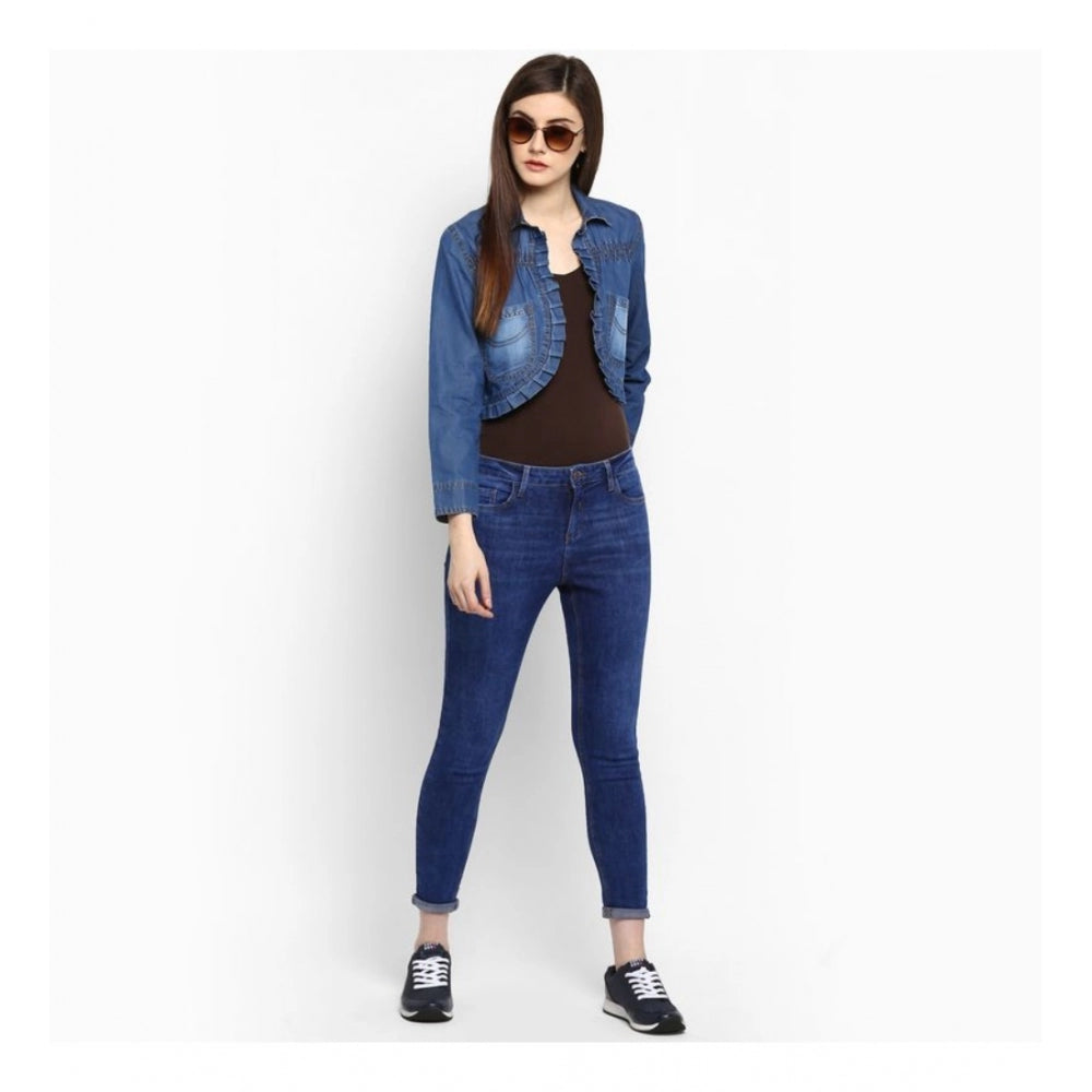 Women'S Denim Pleated 3-4Th Sleeves Shrug (Blue)