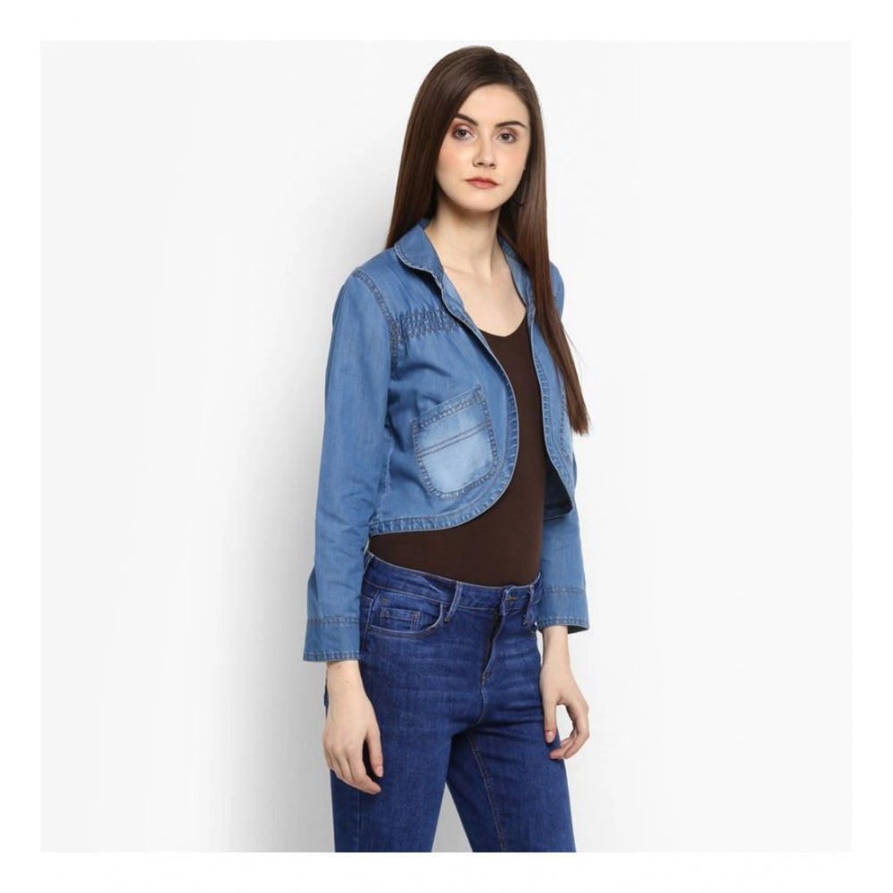 Women'S Denim Smocking 3-4Th Sleeves Shrug (Blue)