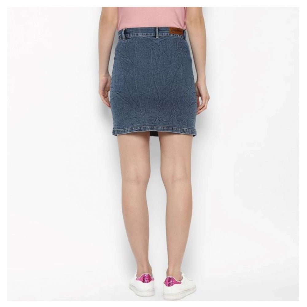 Women'S Denim Front Pocket Buttoned Skirt (Blue)