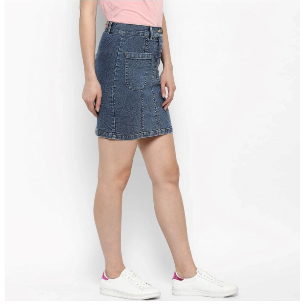 Women'S Denim Front Pocket Buttoned Skirt (Blue)