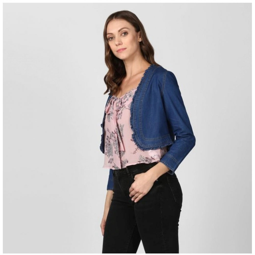 Women'S Denim Ruffled Long Sleeves Shrug (Navy Blue)