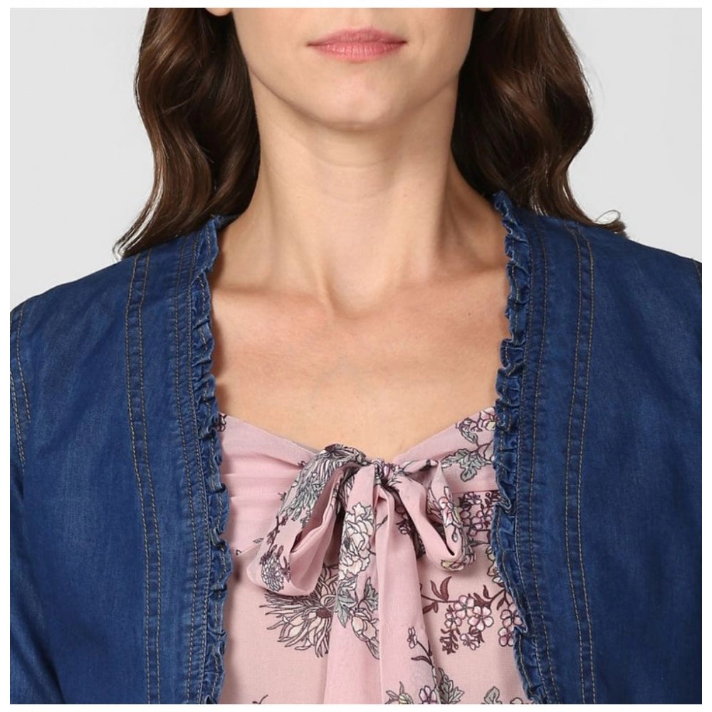 Women'S Denim Ruffled Long Sleeves Shrug (Navy Blue)