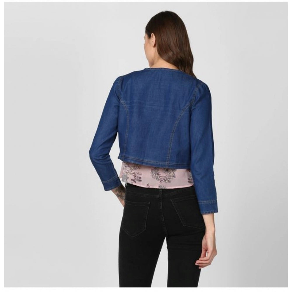 Women'S Denim Ruffled Long Sleeves Shrug (Navy Blue)
