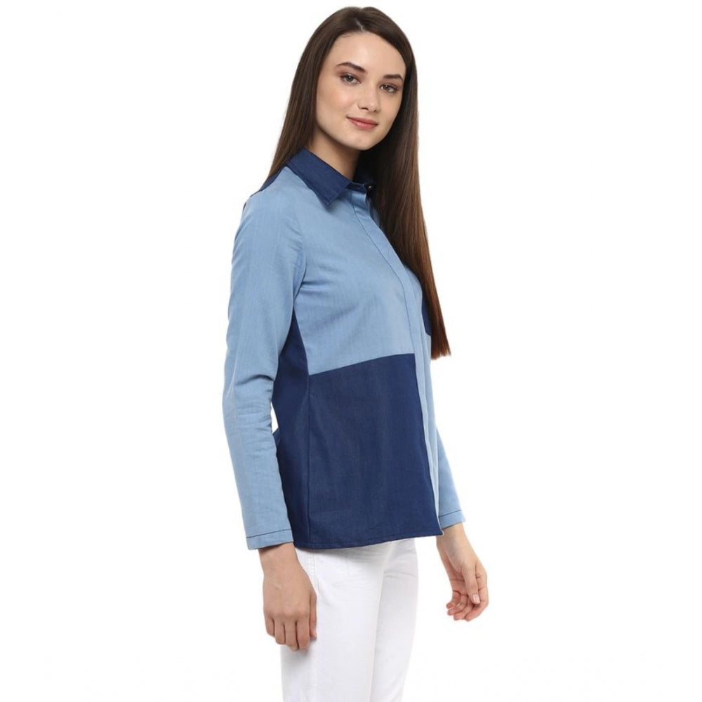 Women'S Denim Patch Work Long Sleeves Regular Top (Blue)