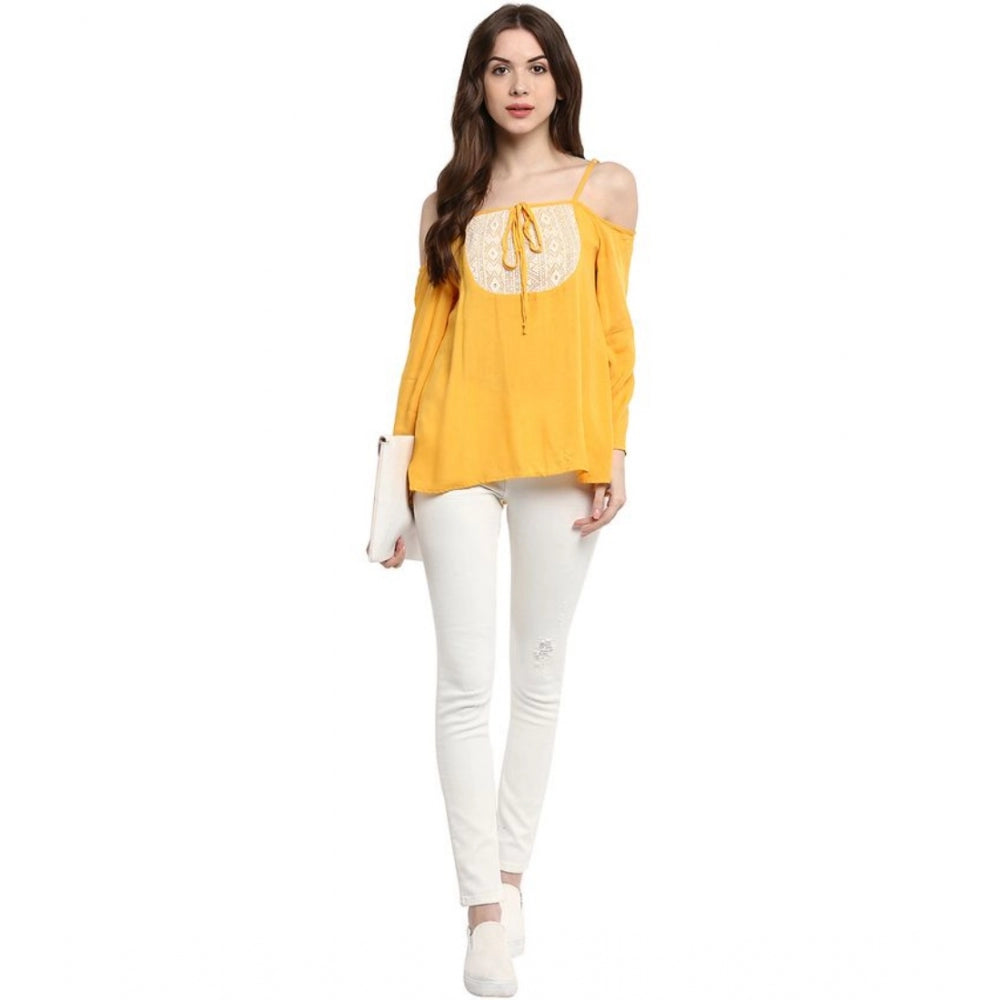 Women'S Rayon Embellished Cold Shoulder Regular Top (Mustard Y