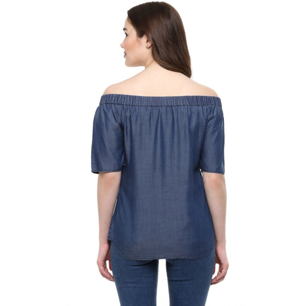 Women'S Denim Solid Short Sleeve Regular Top (Blue)