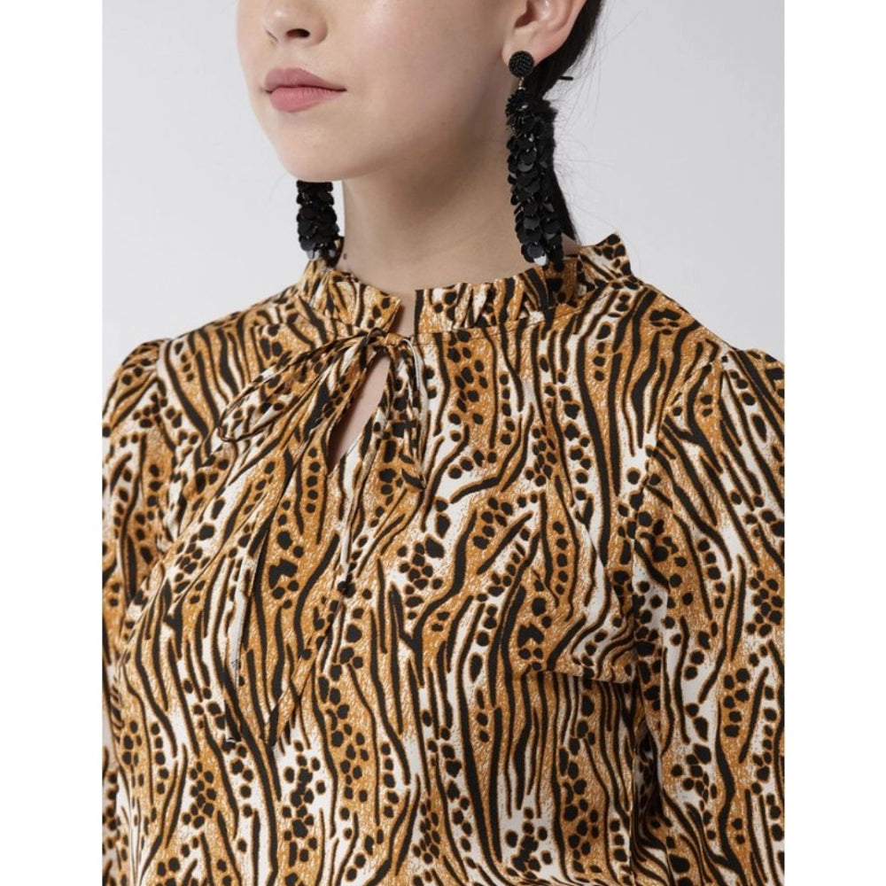 Women'S Polyester Printed Bell Sleeve Top (Orange - Black)
