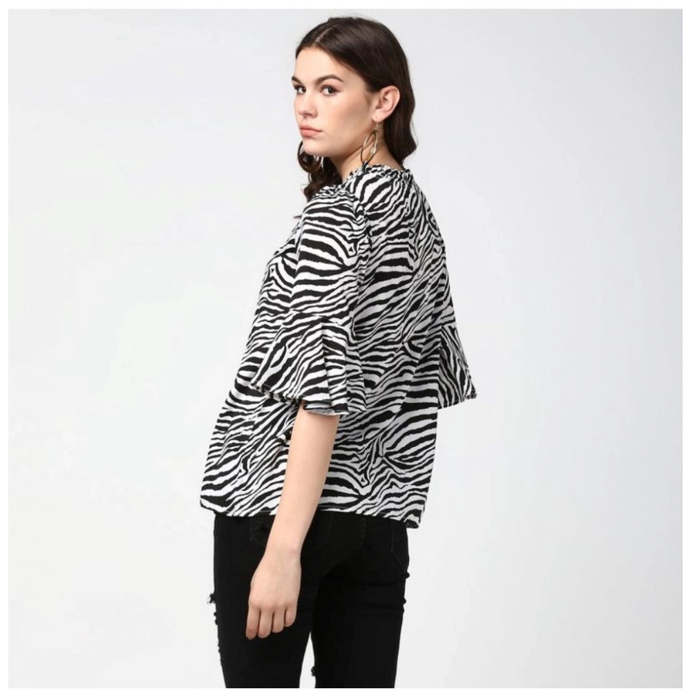 Women'S Polyester Animal Print Bell Sleeve Top (Black - White)