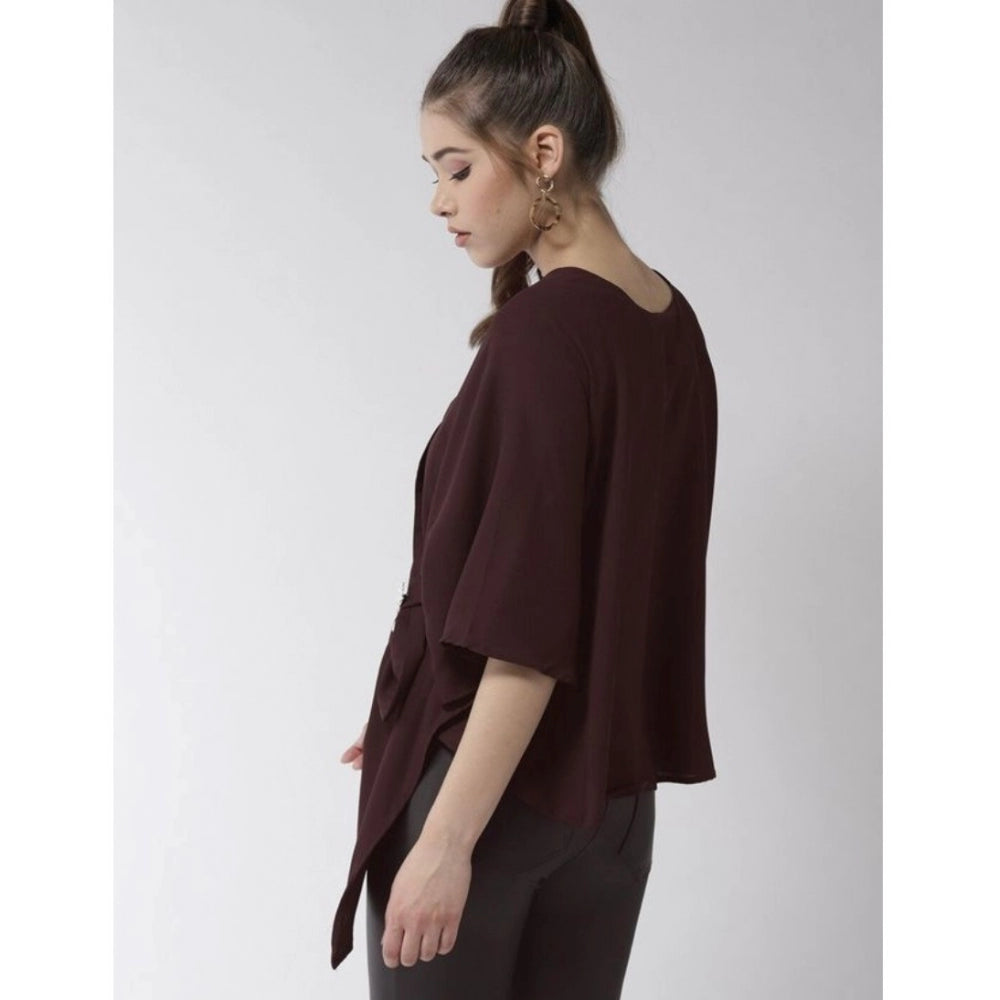 Women'S Polyester Solid Cape Sleeve Top (Maroon)