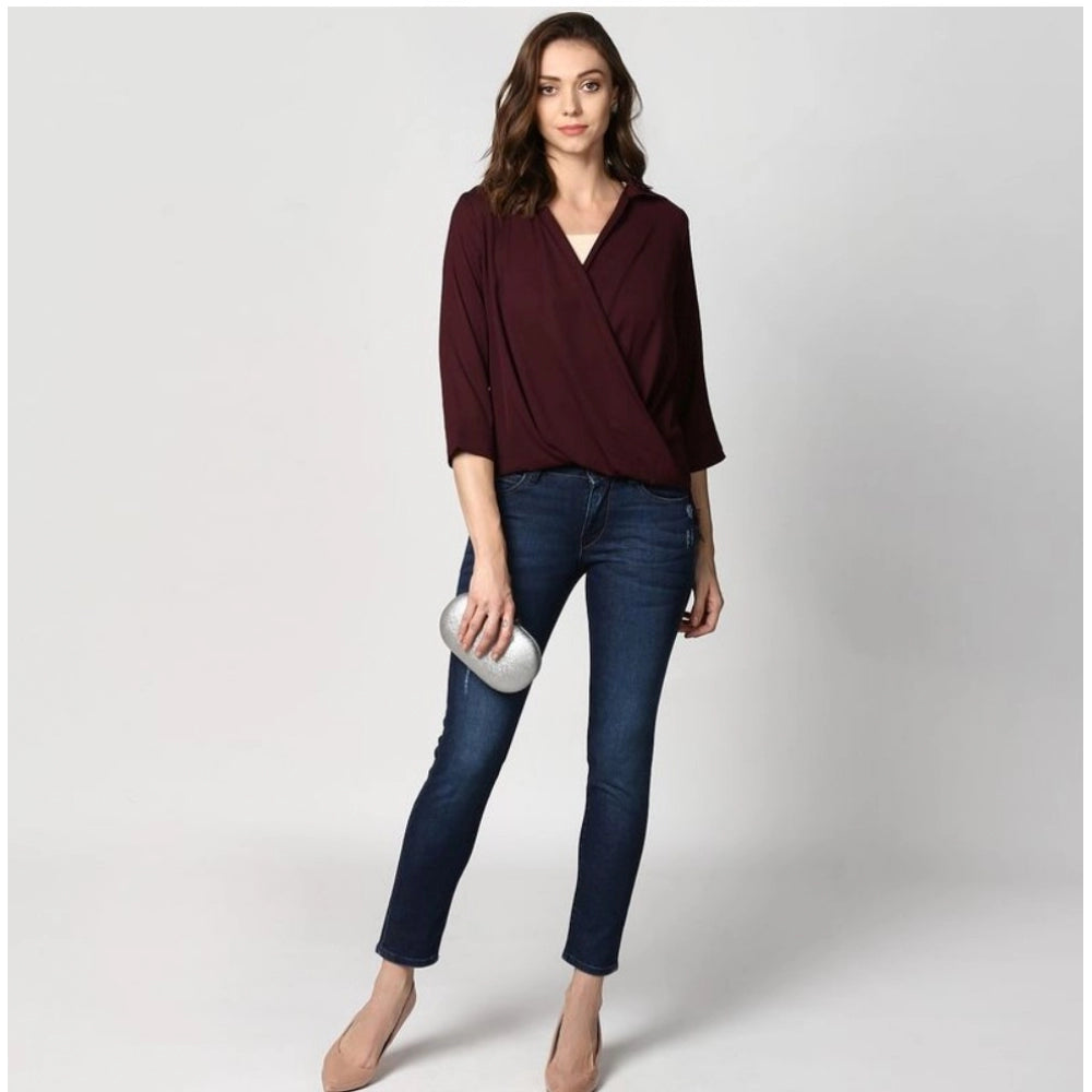 Women'S Polyester Solid 3-4Th Sleeves Top (Maroon)