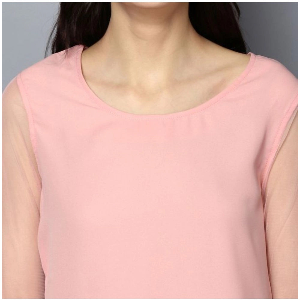 Women'S Polyester Solid Tier Sleeve Top (Pink)