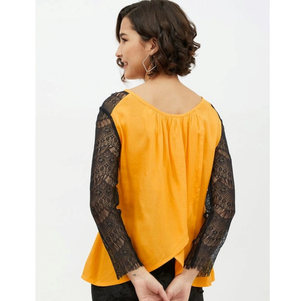 Women'S Rayon Lace Inserts Long Sleeves Top (Yellow)