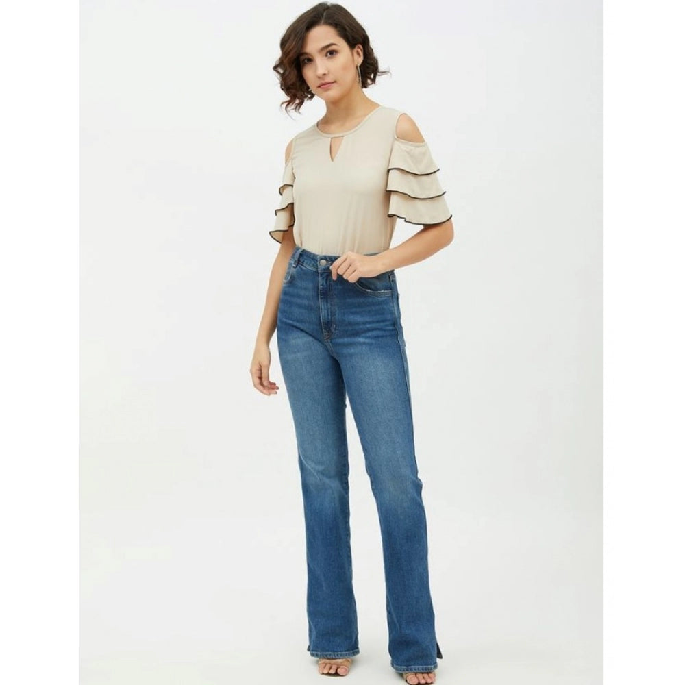 Women'S Polyester Tiered Cold Shoulder Top (Beige)