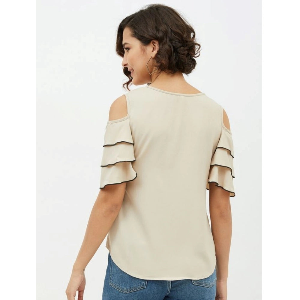 Women'S Polyester Tiered Cold Shoulder Top (Beige)