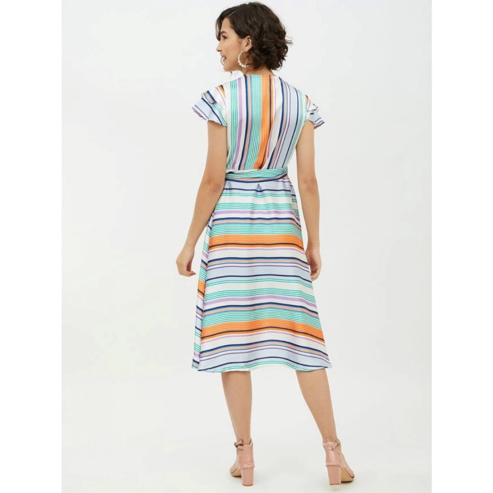 Women'S Satin Striped Short Sleeve Knee-Length Dress (Multicol