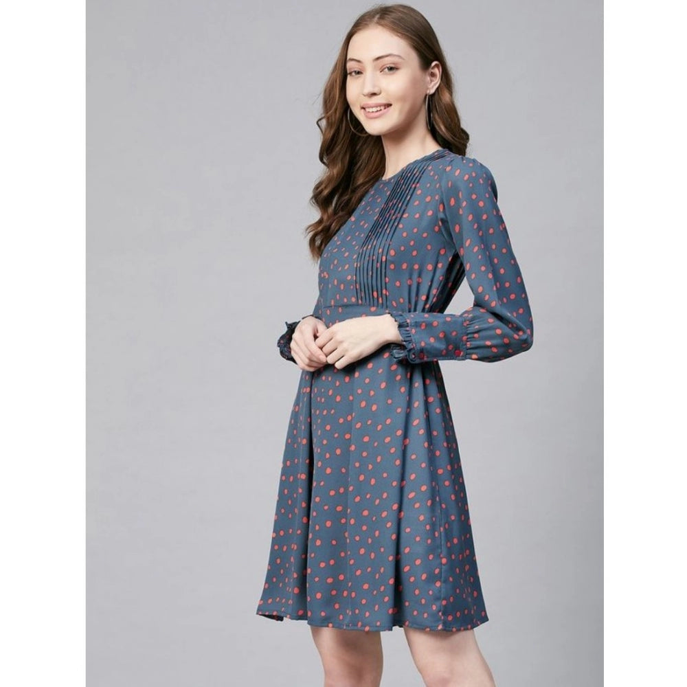 Women'S Polyester Polka Long Sleeves Above Knee Dress (Grey