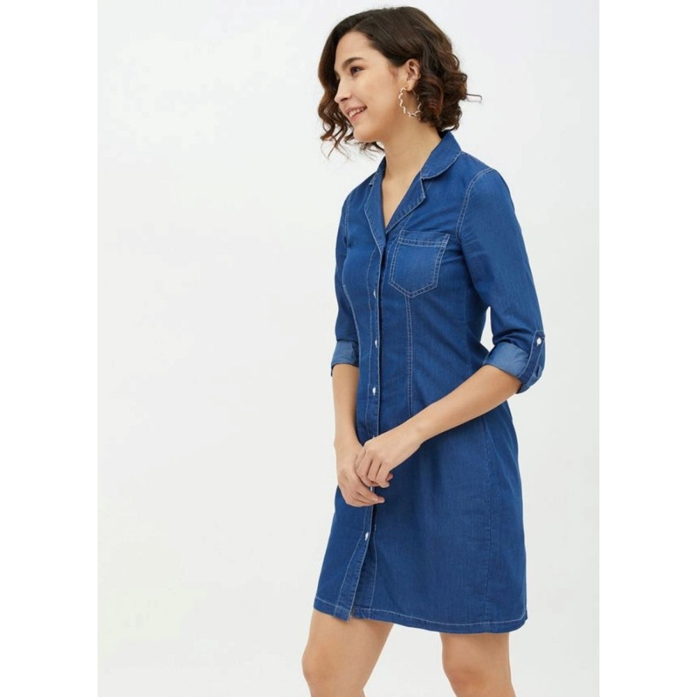 Women'S Denim Solid Long Sleeves Above Knee Dress (Blue)
