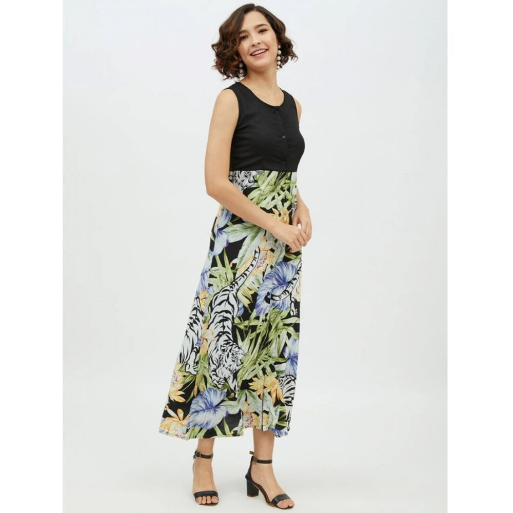 Women'S Rayon Floral Sleeveless Calf-Length Dress (Multicolor)
