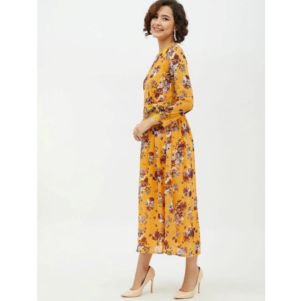 Women'S Polyester Floral Long Sleeves Calf-Length Dress (Multi