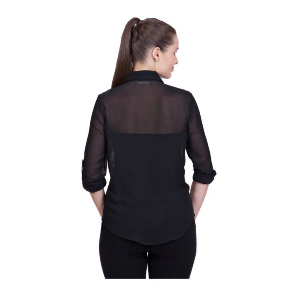 Women'S Polyester Printed Roll Up Sleeve Standard Length Shirt