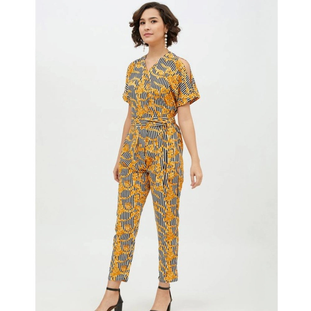 Women'S Polyester Printed Half Sleeve Long Jumpsuit (Yellow)
