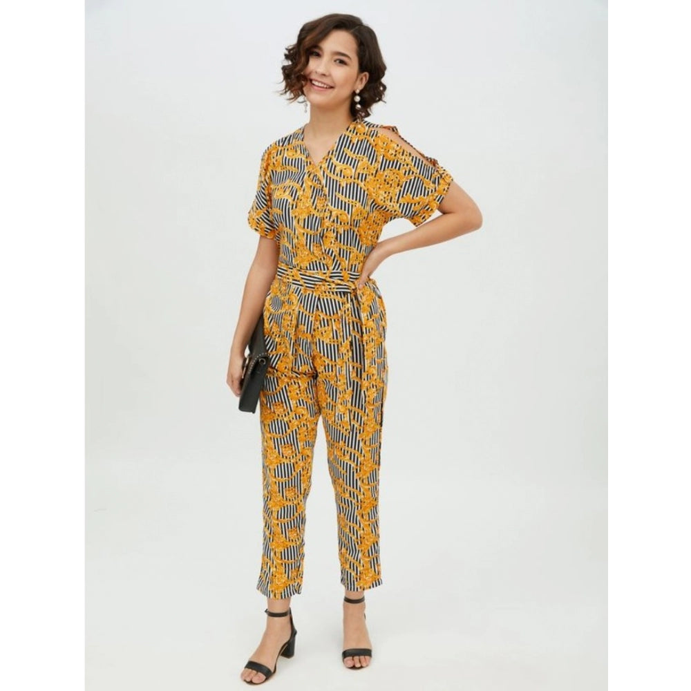Women'S Polyester Printed Half Sleeve Long Jumpsuit (Yellow)