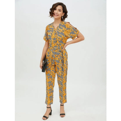 Women's Polyester Printed Half Sleeve Long Jumpsuit (Yellow)