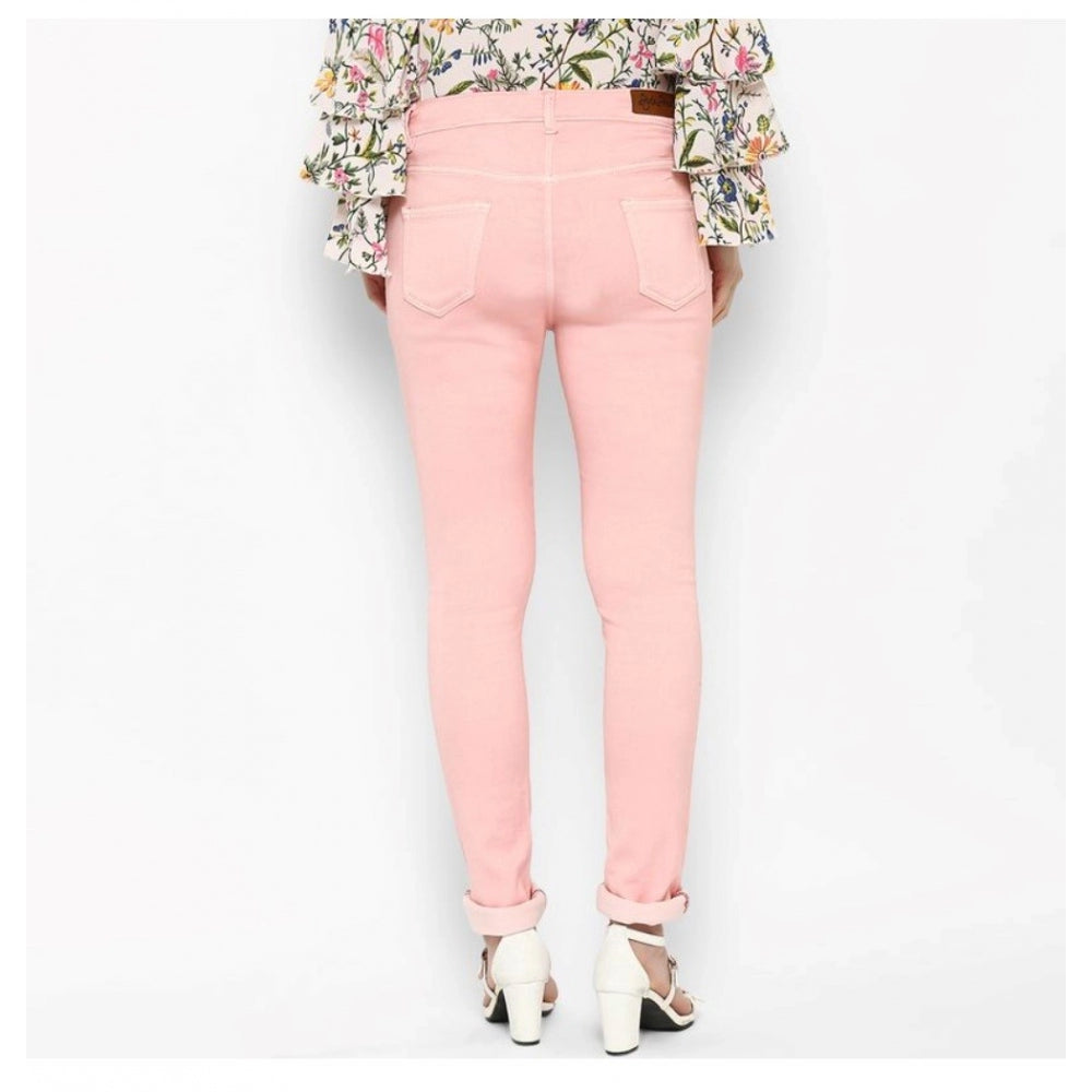 Women'S Denim Solid Buttoned Jeans (Pink)