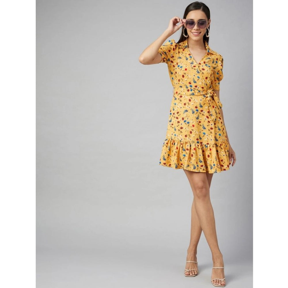 Women'S Polyester Floral Short Sleeve Above Knee Dress (Yellow