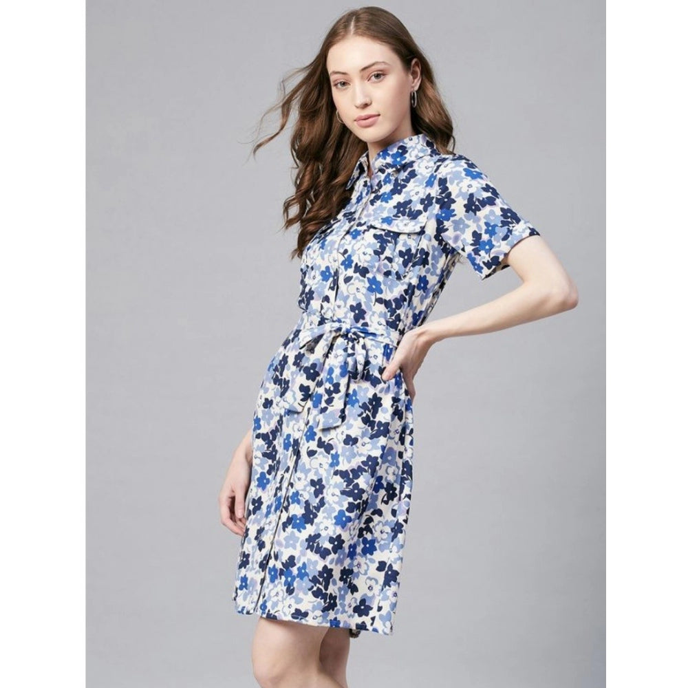 Women'S Polyester Floral Short Sleeve Above Knee Dress (Blue